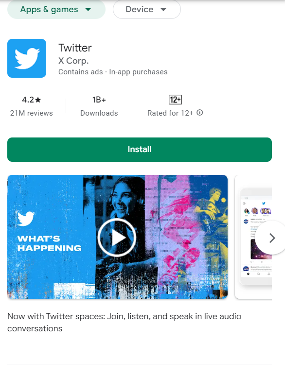 Screenshot of twitter in playstore